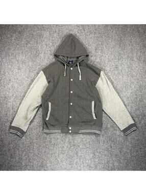 Gray Varsity Bomber Jacket with Hoodie ROK Fashion Streetwear Size L Small Holes